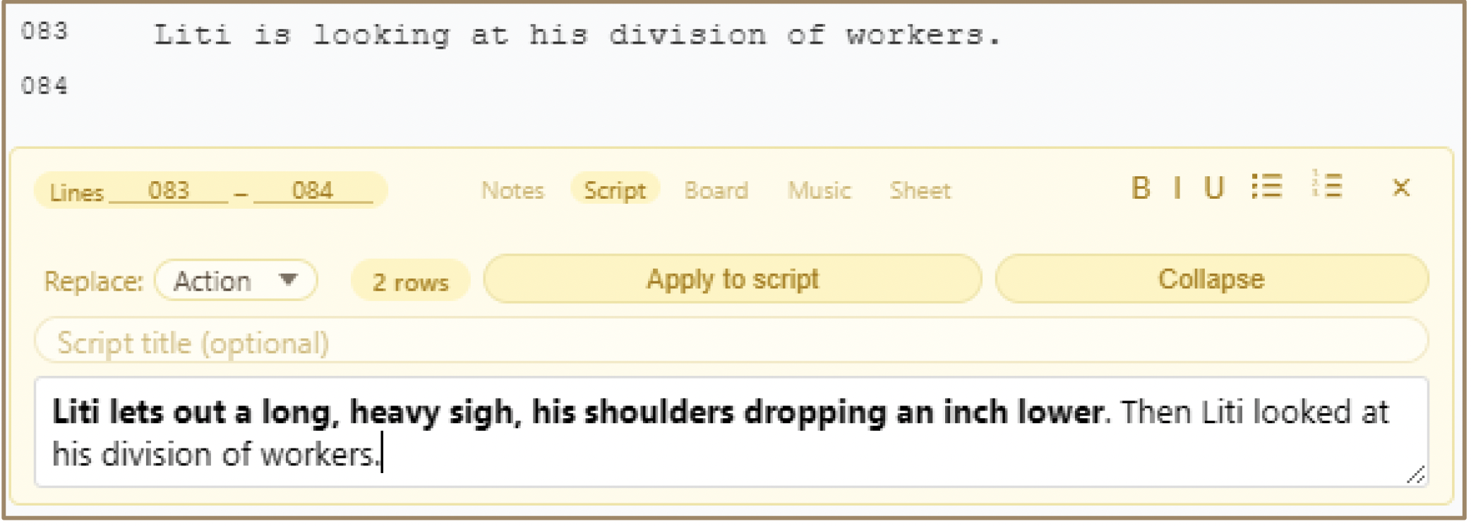 Script injection showing Lines Range field and Line Counter